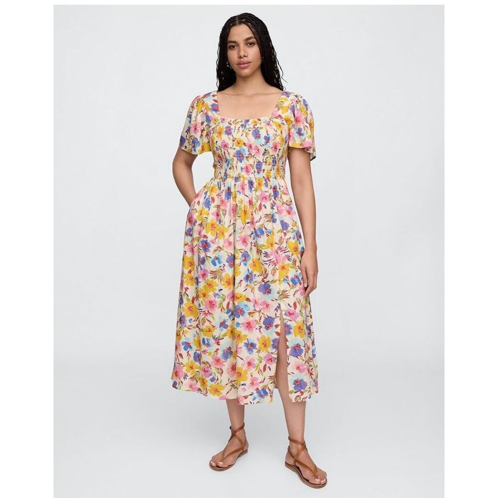 GAP Floral Print Dress Womens Short Sleeve Smocked Cottagecore Midi Size Medium